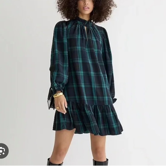 J. Crew Dresses & Skirts - J. Crew ruffle neck green plaid dress size xs